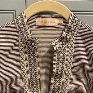 Tory Burch Size 2 Navy & white Cotton Embroidered Striped Long Sleeve Tunic Top
